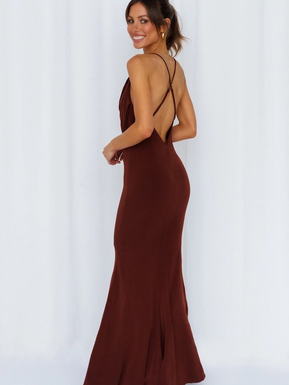Hello Molly Chocolate Brown Open Back Maxi Dress XS 2 NWT Formal Evening Gown
